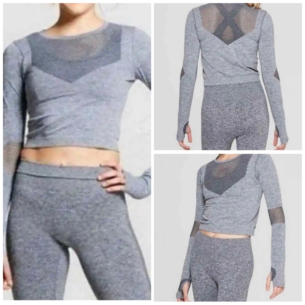 NWT Joy Lab Perforated Long Sleeve Thumb Holes Crop Workout Gym Top Grey LARGE